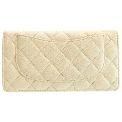 Chanel Flap Long Wallet Long Wallet Card Case Ivory White Caviar Skin Silver