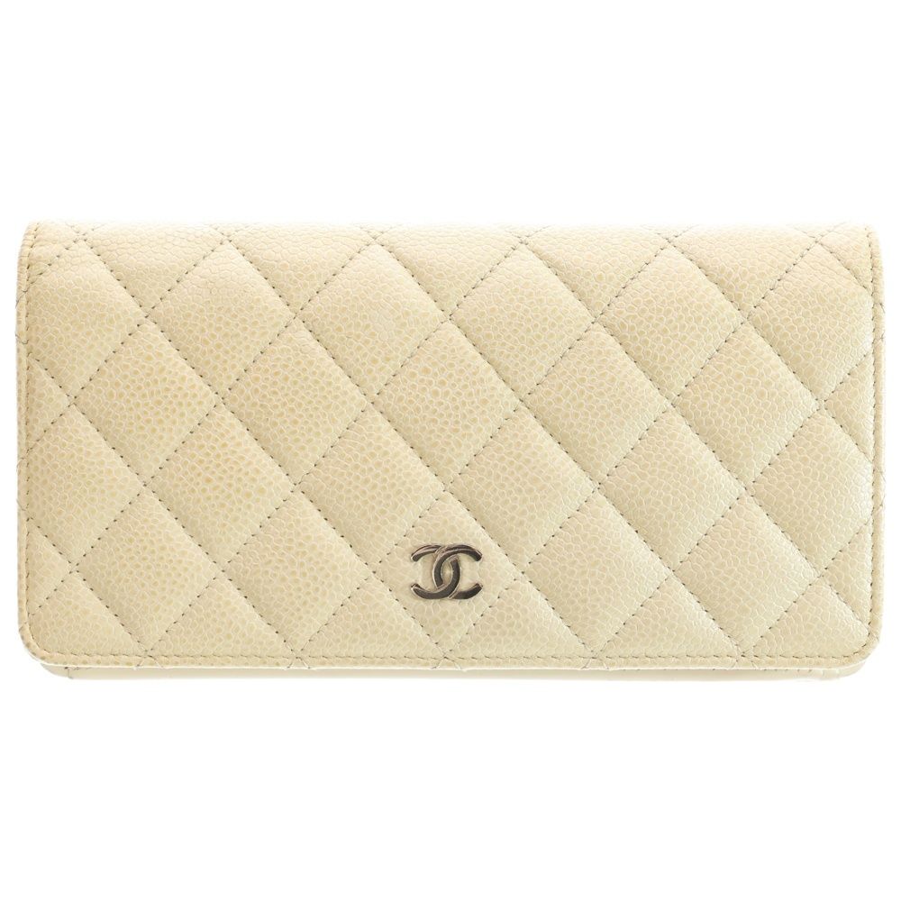 Chanel Flap Long Wallet Long Wallet Card Case Ivory White Caviar Skin Silver