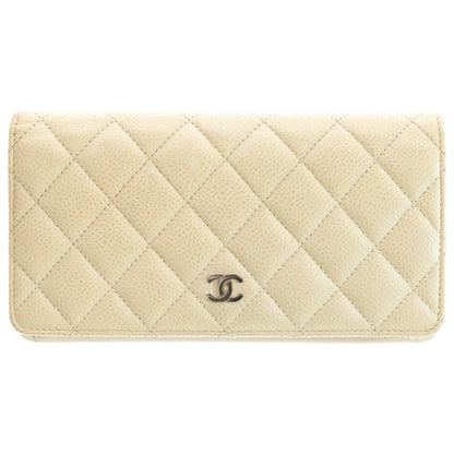 Chanel Flap Long Wallet Long Wallet Card Case Ivory White Caviar Skin Silver