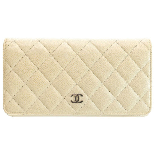 Chanel Flap Long Wallet Long Wallet Card Case Ivory White Caviar Skin Silver