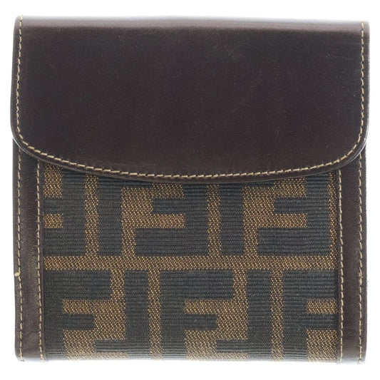 Fendi Zucca Pattern Bifold Wallet Compact Wallet Card Case Brown Leather X