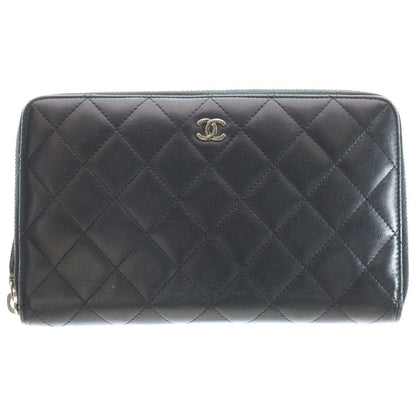 Chanel Classic Long Zip Wallet Long Wallet Card Case Black Lambskin Silver