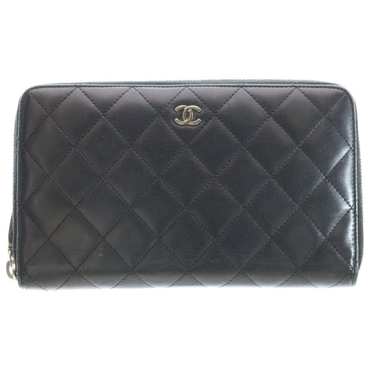 Chanel Classic Long Zip Wallet Long Wallet Card Case Black Lambskin Silver