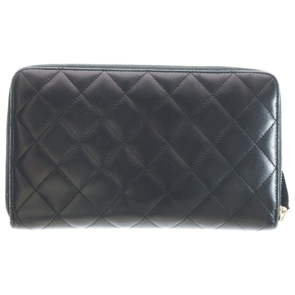 Chanel Classic Long Zip Wallet Long Wallet Card Case Black Lambskin Silver