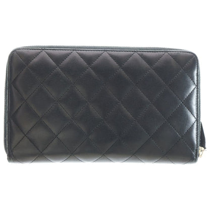 Chanel Classic Long Zip Wallet Long Wallet Card Case Black Lambskin Silver
