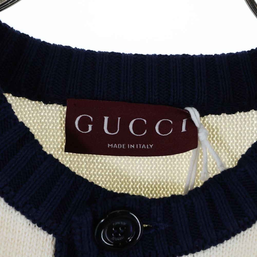 Gucci Sleeve Logo Intarsia Crew Cotton Knit Long Sleeve Cardigan White/navy