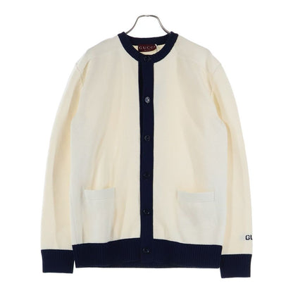 Gucci Sleeve Logo Intarsia Crew Cotton Knit Long Sleeve Cardigan White/navy
