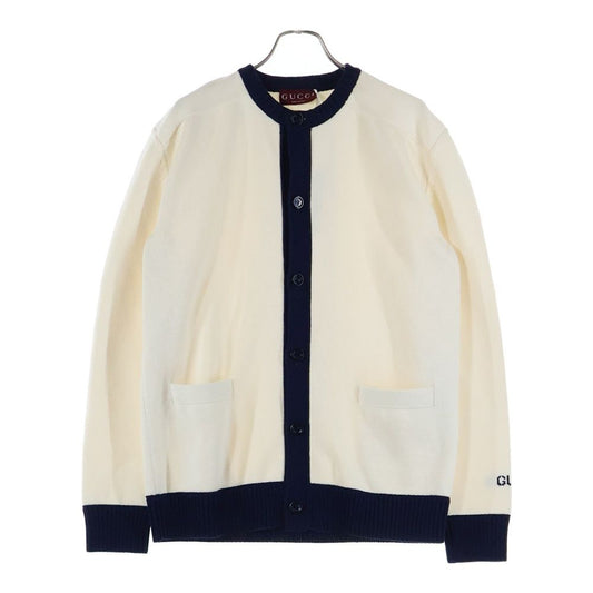Gucci Sleeve Logo Intarsia Crew Cotton Knit Long Sleeve Cardigan White/navy