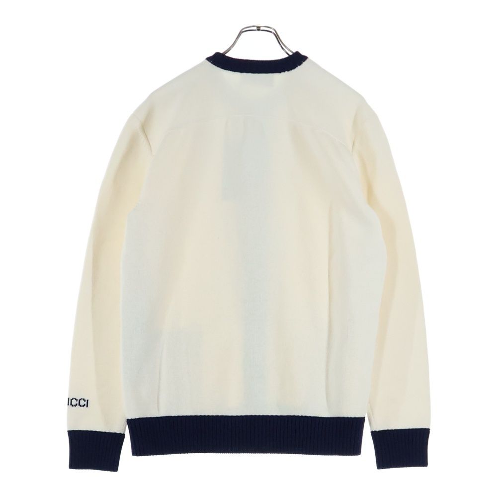 Gucci Sleeve Logo Intarsia Crew Cotton Knit Long Sleeve Cardigan White/navy