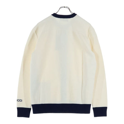 Gucci Sleeve Logo Intarsia Crew Cotton Knit Long Sleeve Cardigan White/navy