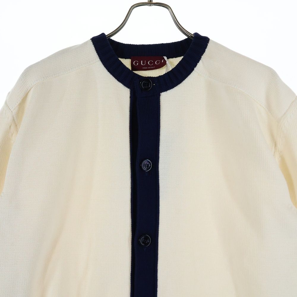 Gucci Sleeve Logo Intarsia Crew Cotton Knit Long Sleeve Cardigan White/navy