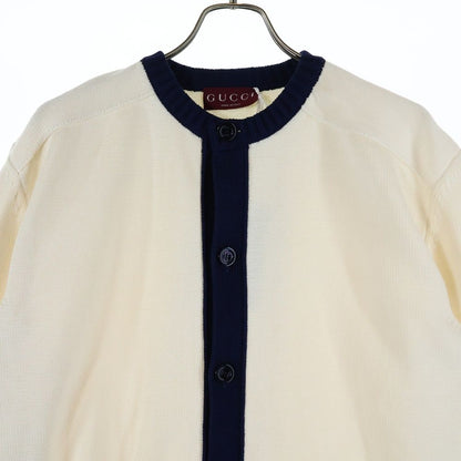 Gucci Sleeve Logo Intarsia Crew Cotton Knit Long Sleeve Cardigan White/navy