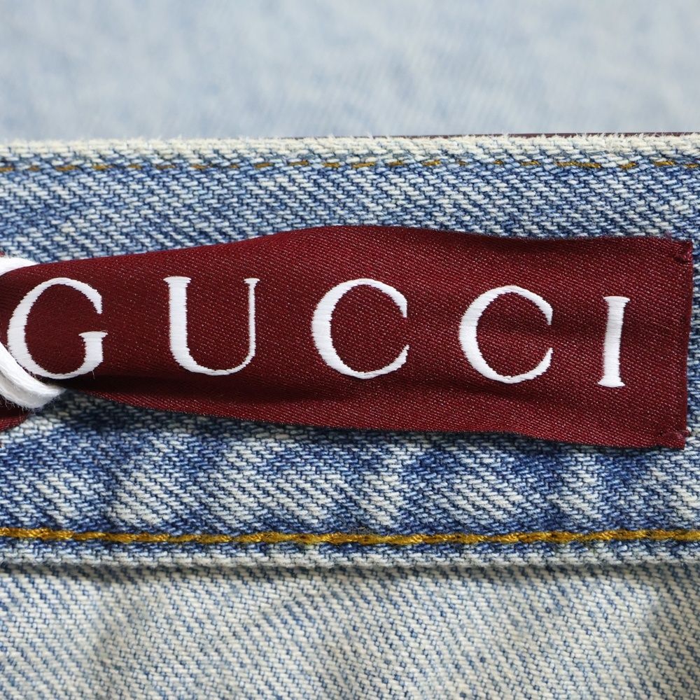 Gucci Contrast Panel Patent Leather Patch Distressed Straight Denim Pants Jeans