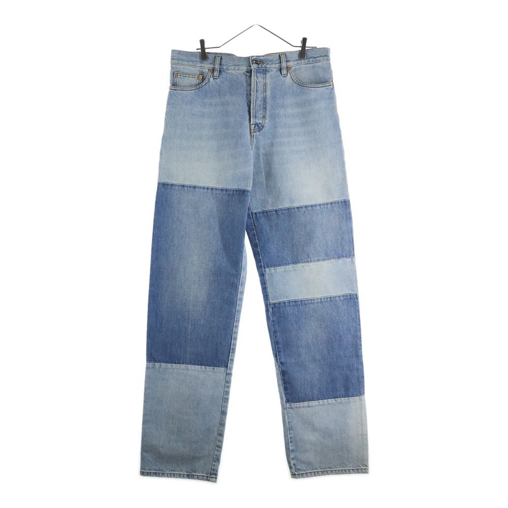 Gucci Contrast Panel Patent Leather Patch Distressed Straight Denim Pants Jeans