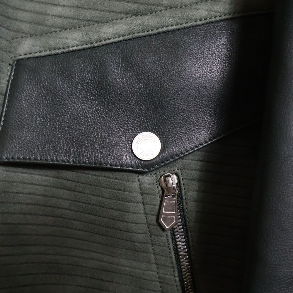 Hermes Suede Combination Leather Boa Lining Raglan Sleeve Hooded Zip Up Jacket