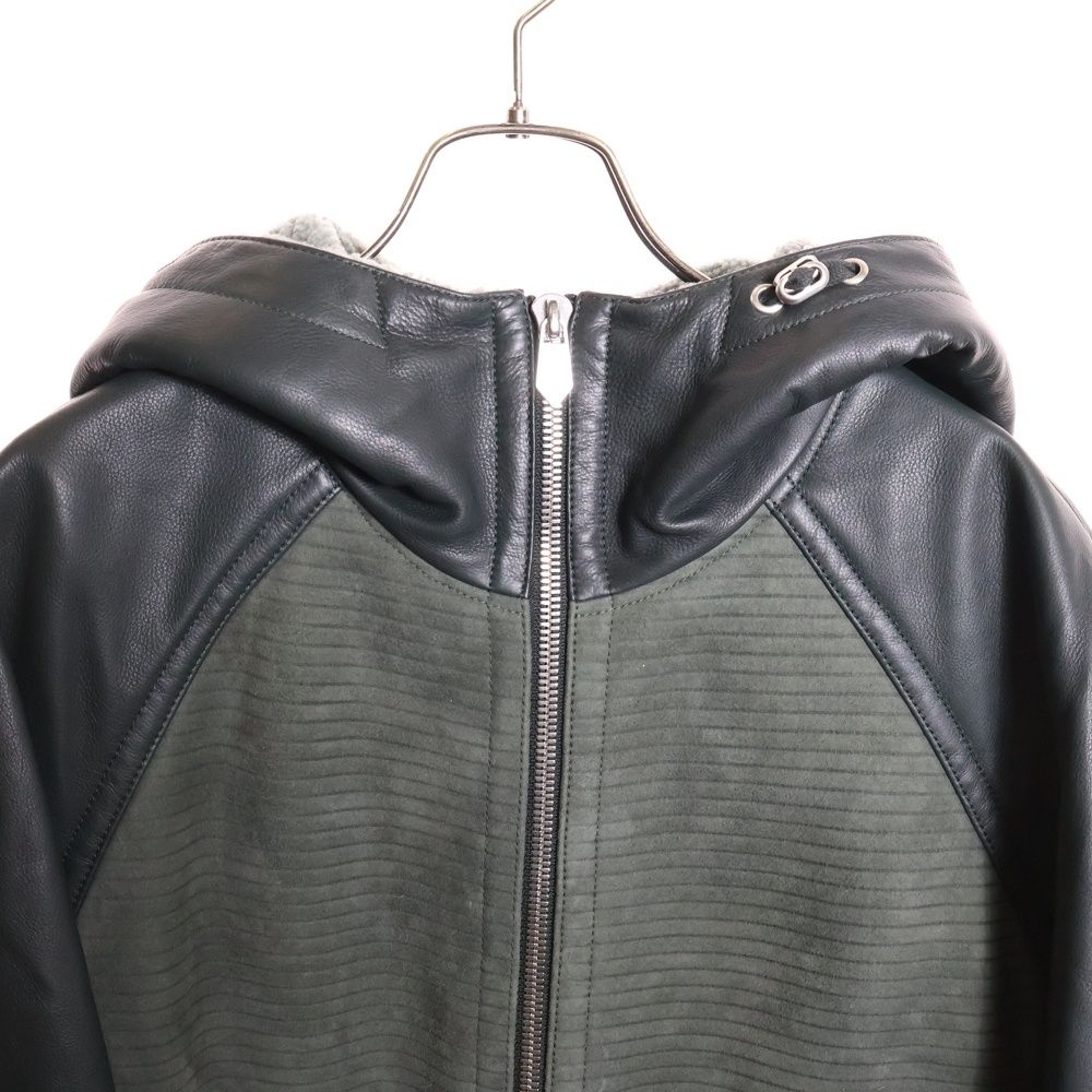 Hermes Suede Combination Leather Boa Lining Raglan Sleeve Hooded Zip Up Jacket