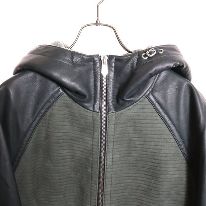 Hermes Suede Combination Leather Boa Lining Raglan Sleeve Hooded Zip Up Jacket