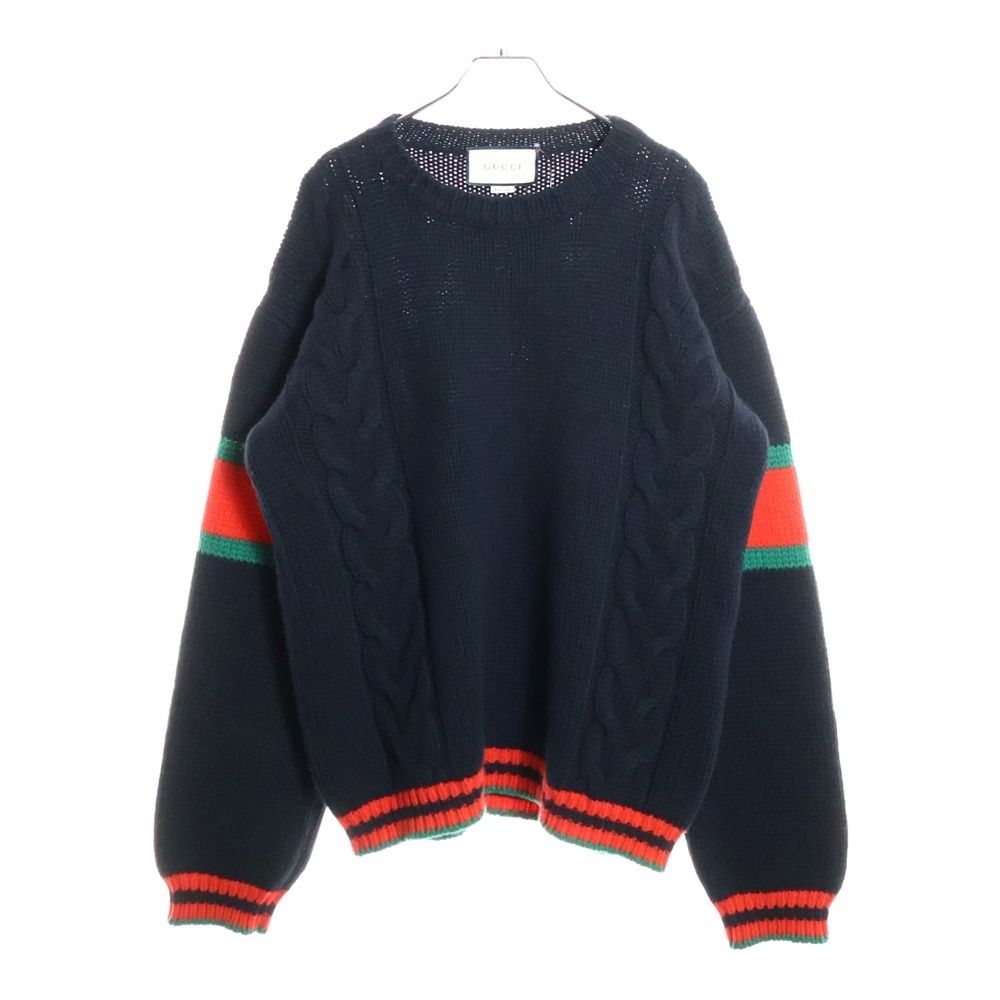 Gucci 19aw Sherry Line Cable Wool Knit Sweater Black/green/red 548115-X1561