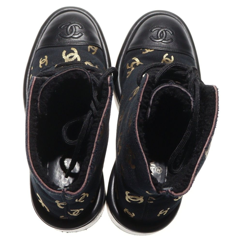 Chanel Coco Mark Logo Print Leather Canvas Boa Lining Lace Up High Cut Shoes