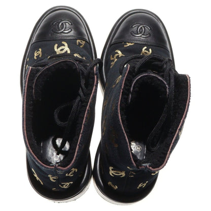 Chanel Coco Mark Logo Print Leather Canvas Boa Lining Lace Up High Cut Shoes