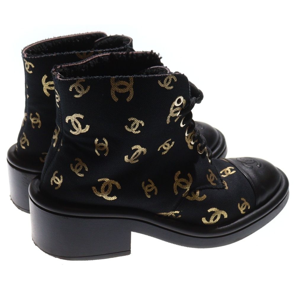 Chanel Coco Mark Logo Print Leather Canvas Boa Lining Lace Up High Cut Shoes