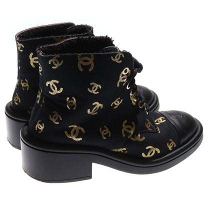 Chanel Coco Mark Logo Print Leather Canvas Boa Lining Lace Up High Cut Shoes