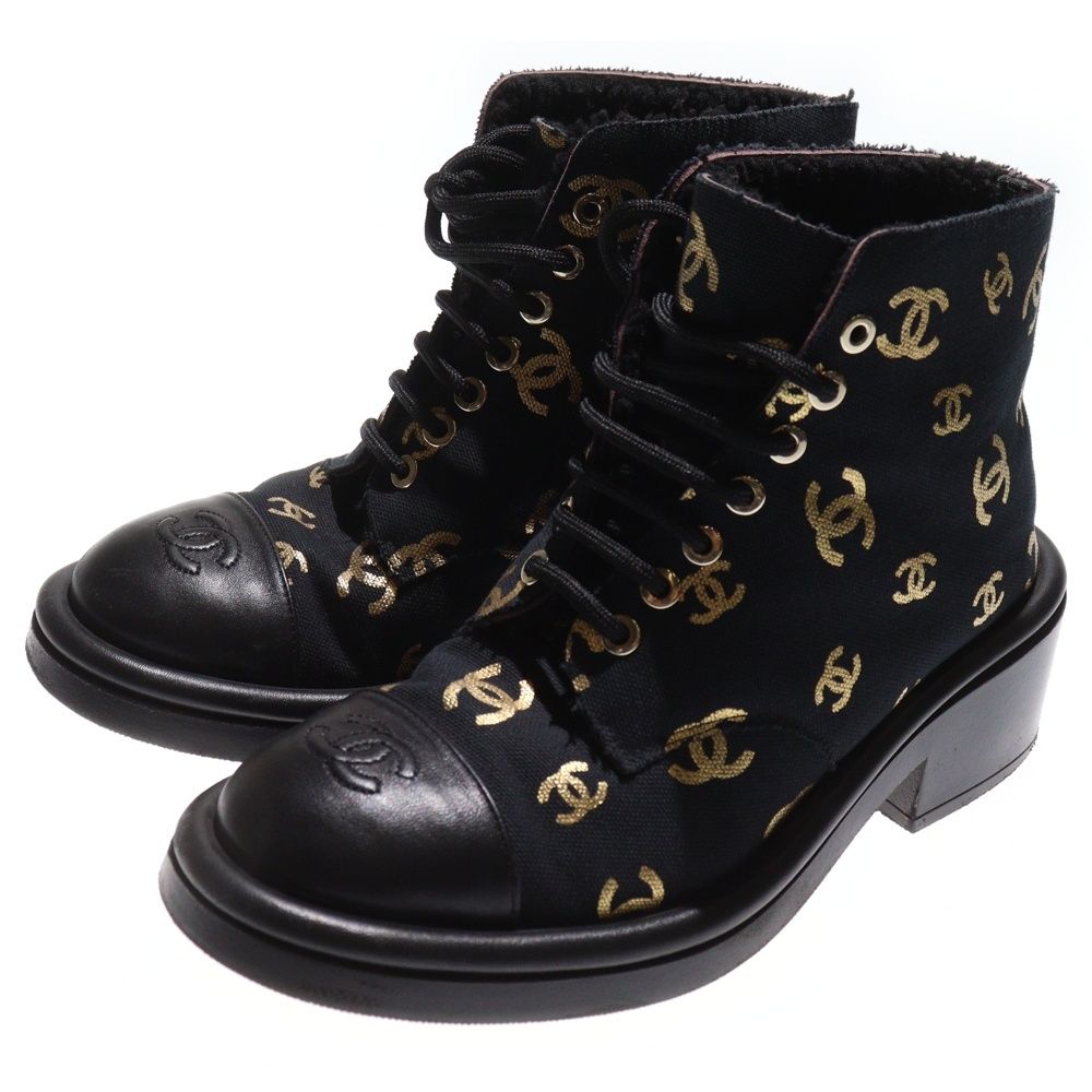 Chanel Coco Mark Logo Print Leather Canvas Boa Lining Lace Up High Cut Shoes