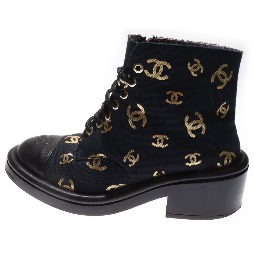Chanel Coco Mark Logo Print Leather Canvas Boa Lining Lace Up High Cut Shoes