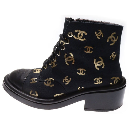 Chanel Coco Mark Logo Print Leather Canvas Boa Lining Lace Up High Cut Shoes