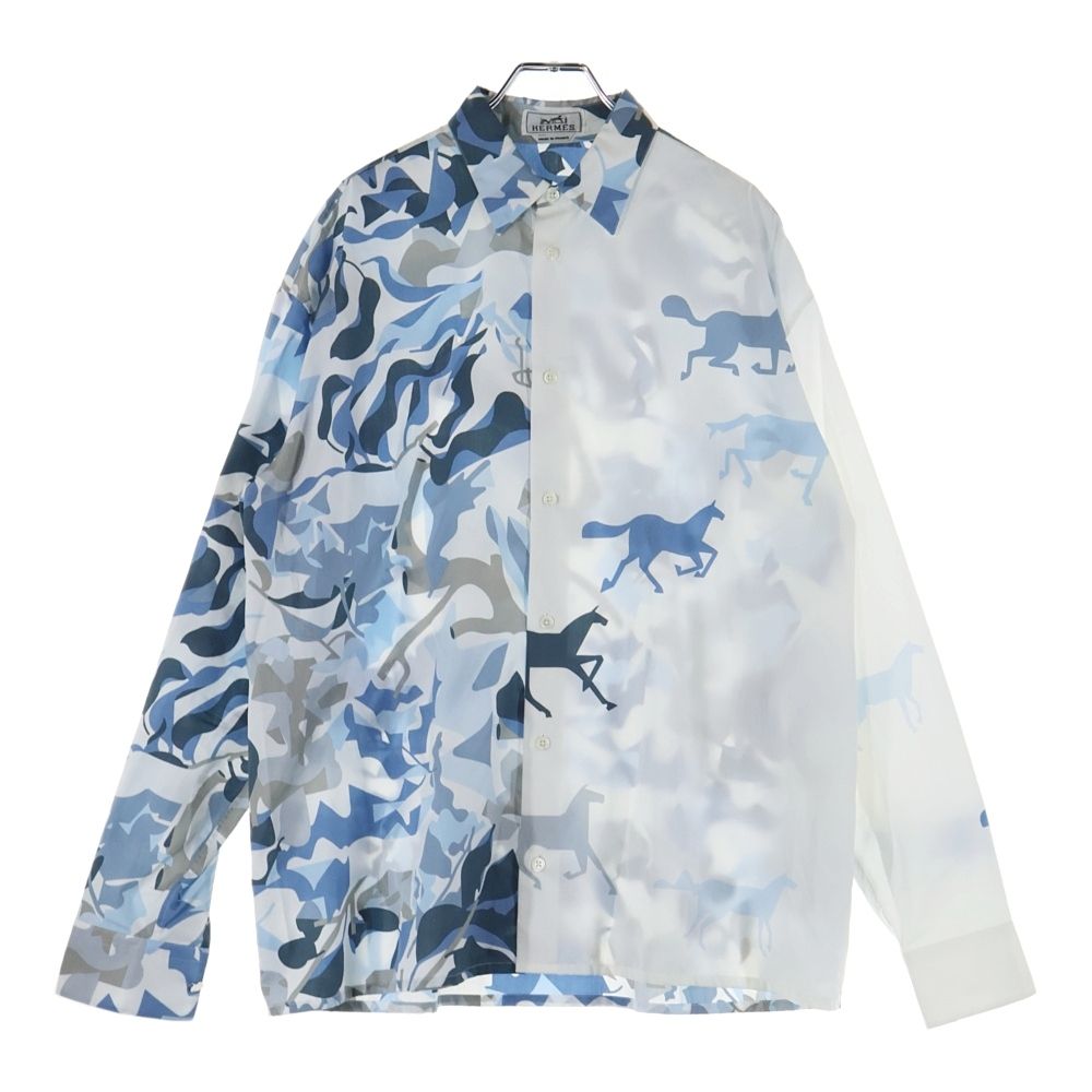Hermes 23ss Serie Button Horse Camouflage All Over Pattern Silk Long Sleeve