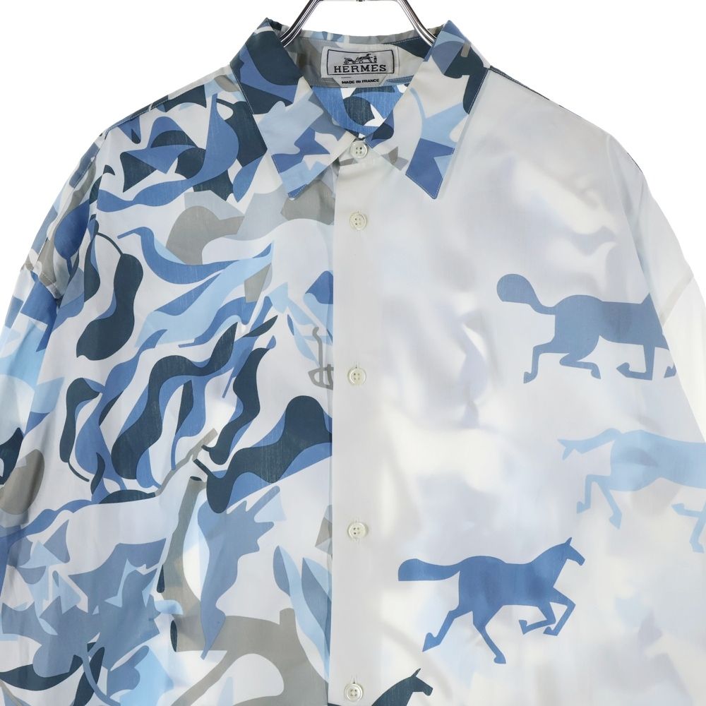 Hermes 23ss Serie Button Horse Camouflage All Over Pattern Silk Long Sleeve