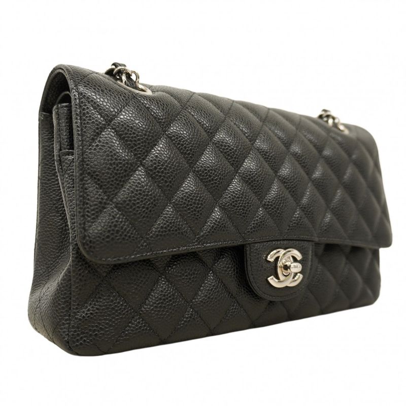 Chanel Shoulder Bag Matelasse Caviar Skin Black Silver Hardware Women