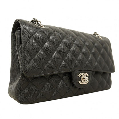 Chanel Shoulder Bag Matelasse Caviar Skin Black Silver Hardware Women