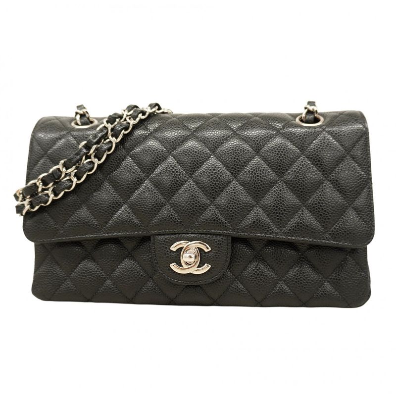 Chanel Shoulder Bag Matelasse Caviar Skin Black Silver Hardware Women