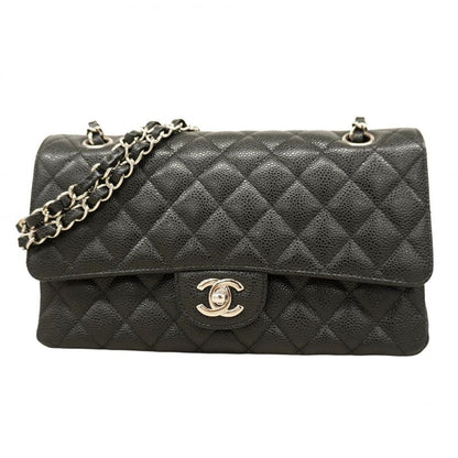 Chanel Shoulder Bag Matelasse Caviar Skin Black Silver Hardware Women