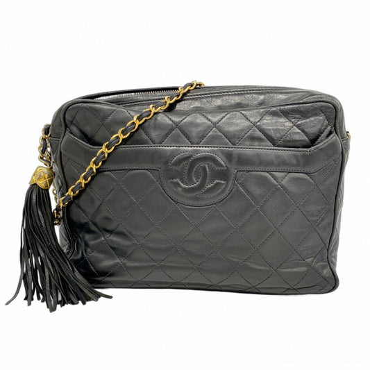 Chanel Shoulder Bag Matelasse Lambskin Black Gold Hardware Women