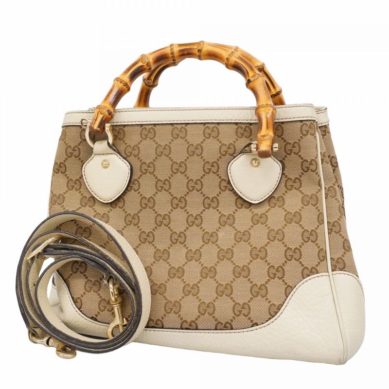 Gucci Handbag GG Canvas Bamboo 308360 Canvas Brown Ivory Gold Hardware 2way Bag