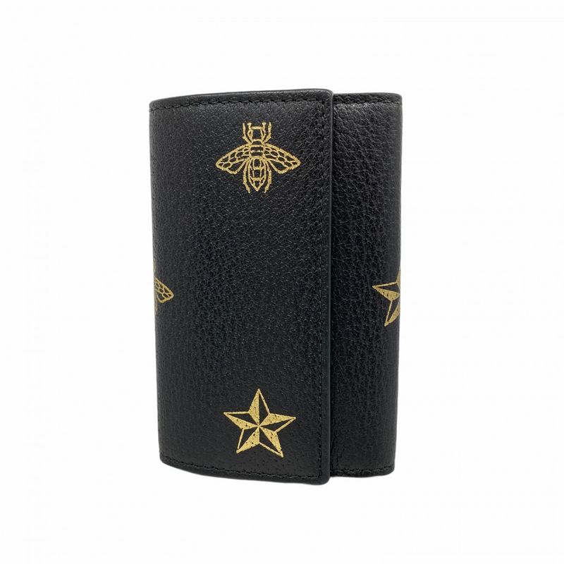 Gucci Key Case 495071 Leather Black Gold Hardware Men Women Unisex