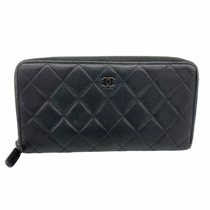 Chanel Long Wallet Matelasse Lambskin Black Silver Hardware Women