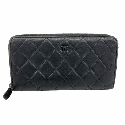 Chanel Long Wallet Matelasse Lambskin Black Silver Hardware Women
