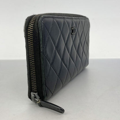 Chanel Long Wallet Matelasse Lambskin Black Silver Hardware Women