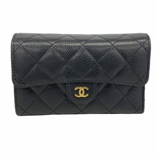 Chanel Trifold Wallet Matelasse Caviar Skin Black Gold Hardware Women