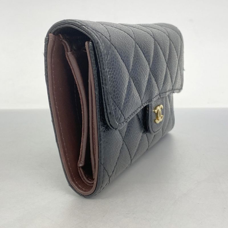 Chanel Trifold Wallet Matelasse Caviar Skin Black Gold Hardware Women