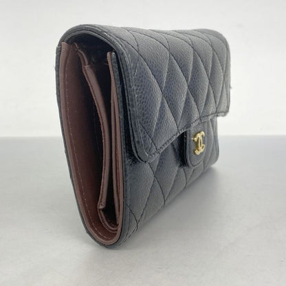 Chanel Trifold Wallet Matelasse Caviar Skin Black Gold Hardware Women