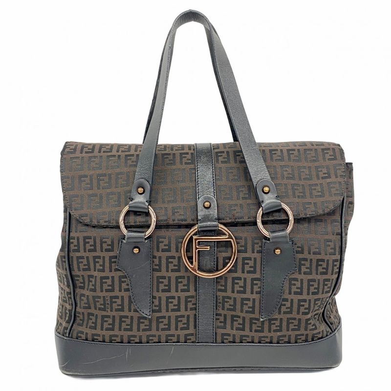 Fendi Handbag Zucchino Nylon Canvas Brown Black Pink Gold Hardware Women