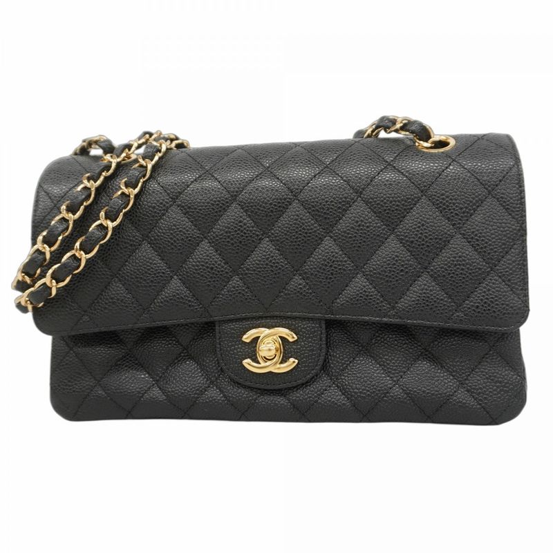 Chanel Shoulder Bag Matelasse Caviar Skin Black Gold Hardware Women