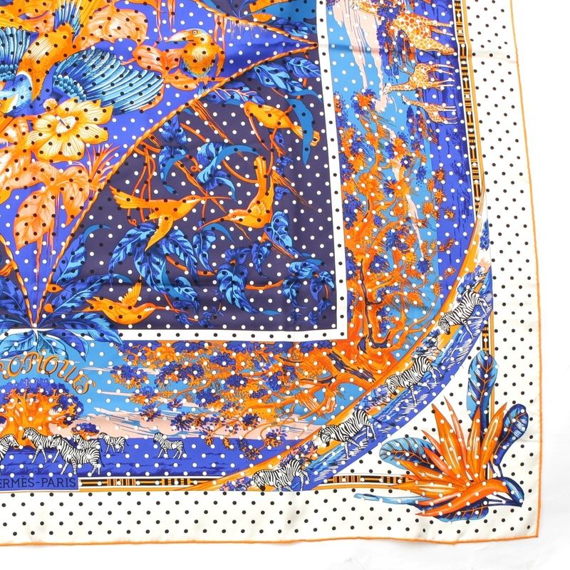 Hermes Carré 140 Silk Tropiques Tropical Scarf Blue Orange