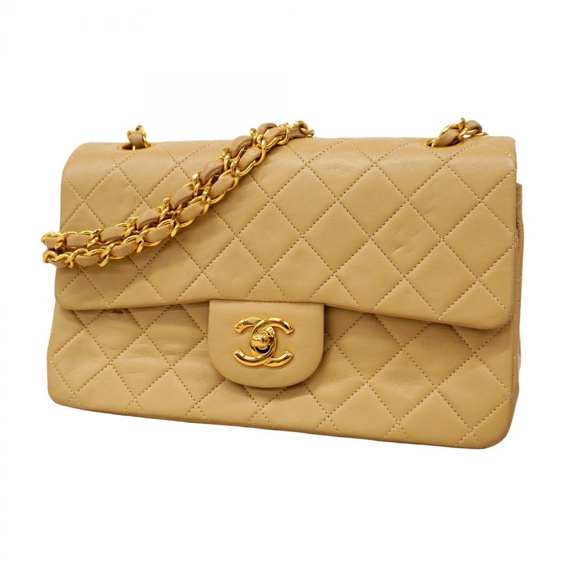 Chanel Shoulder Bag Matelasse Lambskin Beige Gold Hardware Women