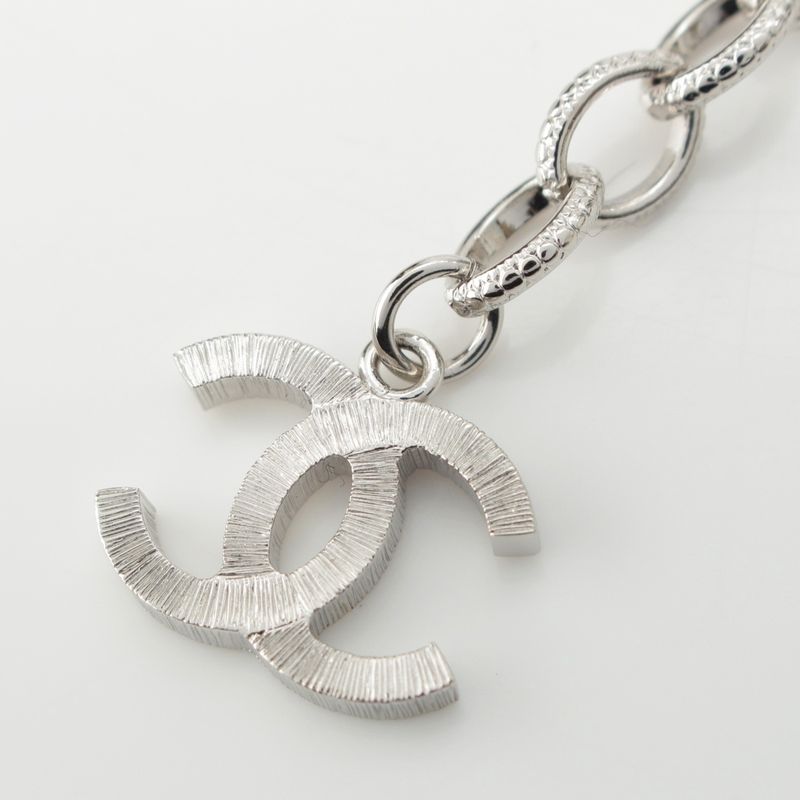 Chanel B23s Coco Mark Rhinestone Pearl Ribbon Necklace Accessories Silver