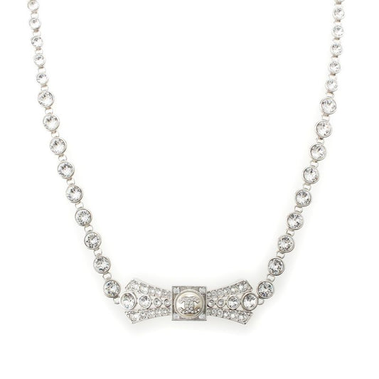 Chanel B23s Coco Mark Rhinestone Pearl Ribbon Necklace Accessories Silver